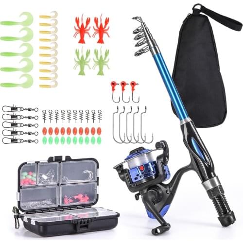 Full Fishing Kits Fishing Rod And Reel Combo Telescopic Fishing Rod Spinning Reel Set with Hooks Soft Lures Barrel Swivels Bag
