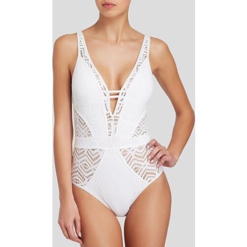 Plus Size Vintage One Piece Swimsuit Mesh Hollow Out Bikinis Women Black White V Neck Retro Padded Swimwear Bathing Suit Women