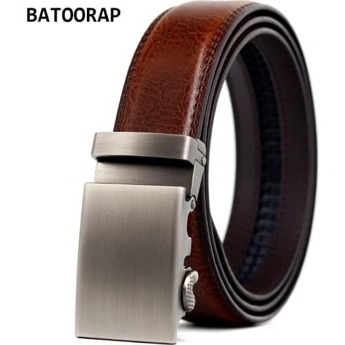Mens Leather Cowhide Belt Metal Vintage Automatic Buckle Business Trouser Ratchet Belt Brown Waist Strap Male Fashion Styles