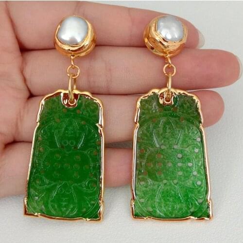YYGEM Green Jade Carved Chunk Cultured White Freshwater Pearl Dangle Stud Earrings