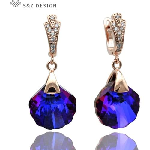 S&Z New Summer Purple Shell Crystal Dangle Earrings 585 Rose Gold For European Women Girls Luxury Wedding Gifts Jewelry