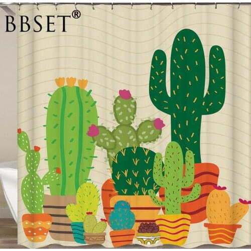 Tropical Cactus Shower Curtain Potted Green Cactus Pattern Waterproof Multi-size Douchegordijn Bathroom Decor with 12 Hooks