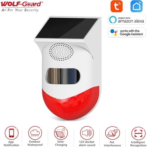 Wolf-Guard 120dB Tuya WiFi Outdoor Solar Motion Alarm Waterproof Flashing Sensor Detector Home Security for Garage /Shed /Farm