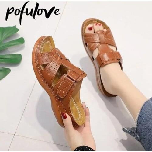 Pofulove Leather Women Slippers Vintage Fashion Design Wedge Heel Plus Size Woman Shoes 43 44 Women Sliders Summer Outdoor Beach