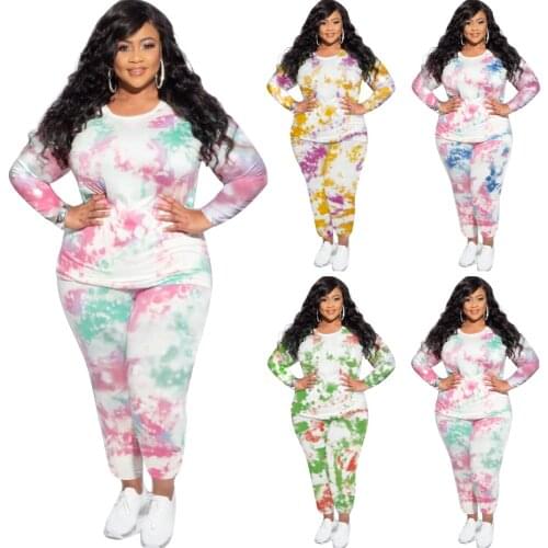 FNOCE autumn winter womens sets young fashion casual tie-dye o-neck long sleeve sweater trousers large size suits two-piece set