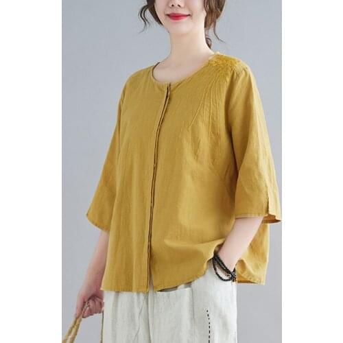 Women Cotton Linen Casual Shirts New Arrival 2021 Summer Vintage Style Floral Embroidery Loose Female Half Sleeve Tops S3755