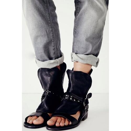 2018 Summer Women Gladiator Vintage Sandals Buckle Rivets Strap Flat Heel Shoes Leather Woman Sandalias Mujer