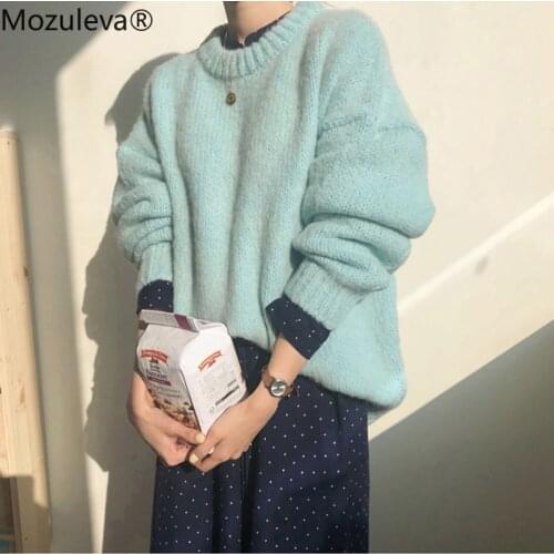 Mozuleva 2021 Autumn Winter Loose Pullover Basic Warm Sweater for Women Soft Kniited Korean O Neck Fashion Sweater GREEN Pull
