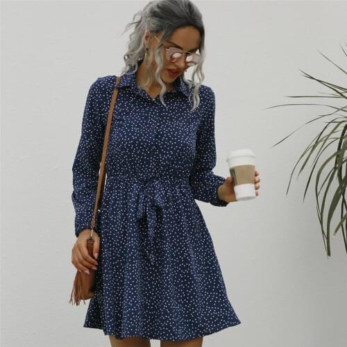 Spring Autumn Women Elegant Long Sleeve Dot Dress Dark Blue Wave Points Lapel Open Front Button Clothing