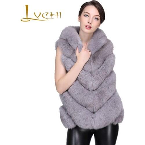 LVCHI Casual womens coats Fox Coat White Black Bodycon Slim Rabbit Fur 2019 Winter Thick Women Overcoat Hooded Elegant Fox Furs