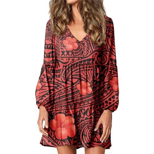 Hycool Polynesian Plumeria Print Women Casual Home Red Dress Sexy V Neck Lantern Sleeve Knee-Length Dress Plus Size Loose Dress