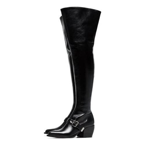 Winter New Fashion Women Solid Black Pointed Toe Buckle Rough Heels Zip Side Over The Knee Slim Thigh Martin Long Leather Boots