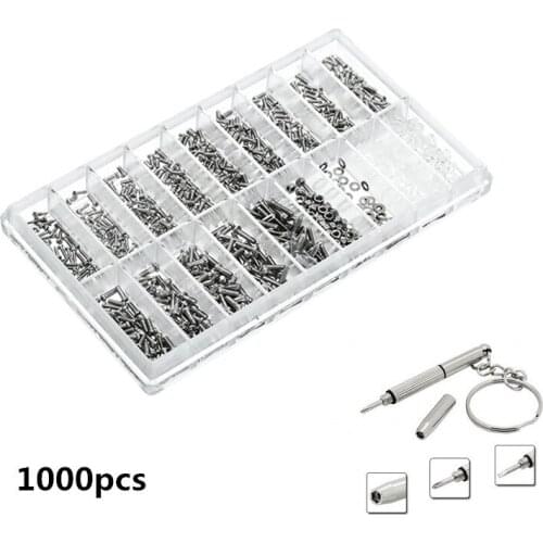 1000Pcs Screws + 1pc Multifunction Screwdriver Set Assortment Tiny Eyeglass Sun Glasses Spectacles Screw Repair Tool Kit