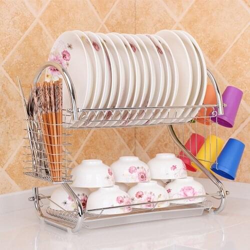 2-Tier Dish Drying Racks 304 Stainless Steel Dish Sink Drain Rack Kitchen Space Saver for Dish/Bowl/Cup/Spoon/Fork White