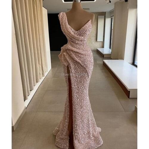 2020 Muslim Luxury Pink Mermaid Evening Dress Sleeveless Floor-length Sequined Prom Dress Robe De Soiree Aibye Middle East Dubai
