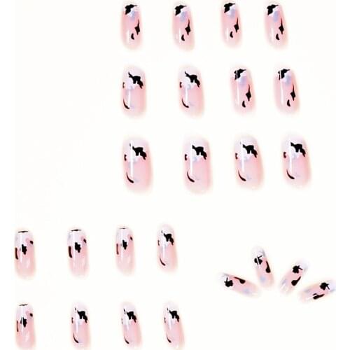 24pcs Cow Pattern Coffin Fake Nail Patch Glue Type Removable Long Paragraph Fashion Manicure False Save Time Nails Patch SANA889