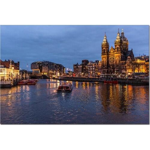 Amsterdam Netherlands Cityscape Wallpaper Wall Art Posters Canvas Cloth Fabric Print Painting for Home Decor Picture