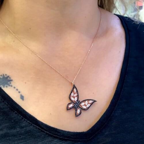 Diamond Work Black Onyx Stone Design Butterfly Silver Necklace