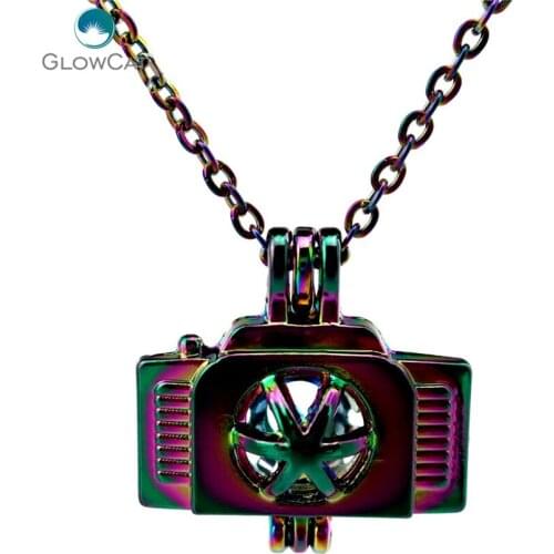 C218 COLORS Travel Tools Camera Locket Stone Cage Necklace Stainless Rolo Chain Aroma Essential Oil Diffuser Locket Necklace