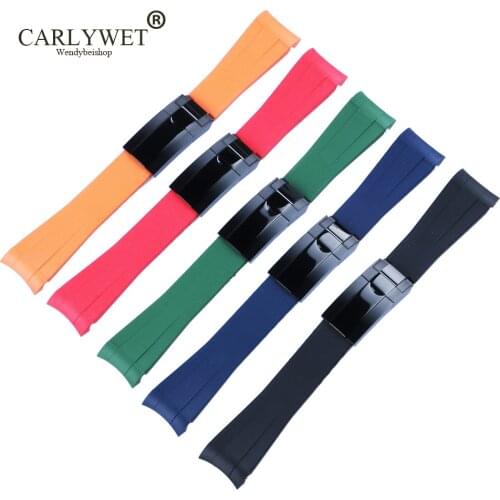 CARLYWET 20mm Curved End Rubber WatchBand Strap With 9mm*16mm Black Watch Buckle Clasp For Rolex Daytona GMT Submariner Datejust