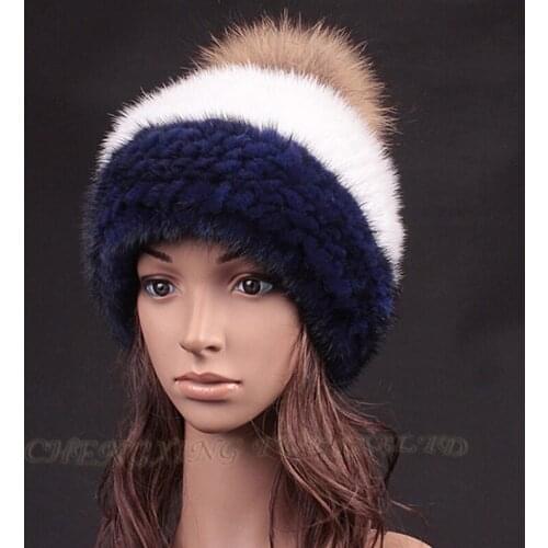 CX-C-235F Women Winter New Fashion Knitted Mink Fur Raccoon Fur Pom Pom Hat ~Drop Shipping