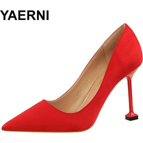 YAERNI Designer womens high heels fashion sexy pedicure slimming womens shoes stiletto high heels suede shallow pointed toe