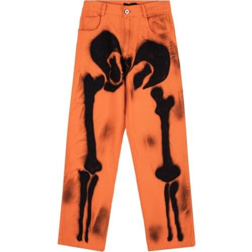 Hot-selling net red high street skull bone graffiti print jeans men ins street trend casual loose wide-leg pants