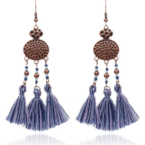 HC Fashion Alloy Round Vintage Earrings Long Jewelry Women Bohemian Tassel Beads Earrings National Style Ethnic Earrings Boho F