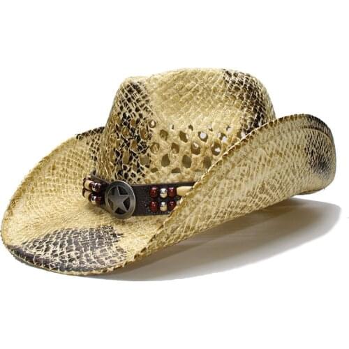 LUCKYLIANJI Retro Womens Mens Summer Straw Beach Wide Brim Cowboy Western Cowgirl Hat Hollow Star Sign Leather Band(Adjusted)