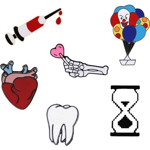 Cartoon Heart Tooth Brooch Doctors Syringe Clown Balloon Enamel Pins Brooch Cute Skeleton Hand Denim Lapel Pin Badges Jewelry