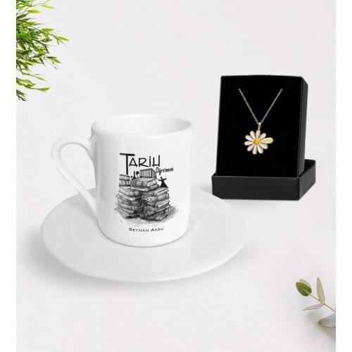 Personalized History Teacher Turkish coffee Cup and Is Daisy Necklace Gift Seti-1