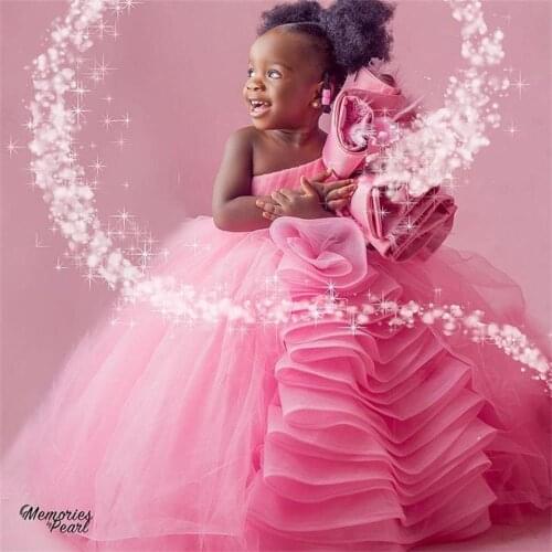 Pink Ball Gown Flower Girl Dresses For Wedding One Shoulder Tiered Skirts Toddler Pageant Gowns Tulle Kids Prom Dress