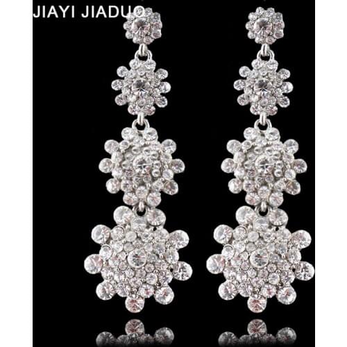 Jiayijiaudo Silver Color Crystal Wedding Long Earrings Floral Shape Chandelier Earrings for Women Brides Bridesmaid