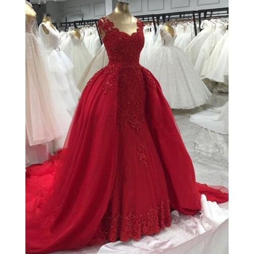 Vintage Red Wedding Dress With Detachable Train 2021 Appliques Lace Tulle Long Mermaid Wedding Gowns Bridal Dresses