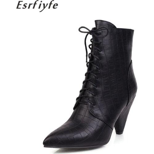 ESRFIYFE Black Snakeskin Grain Ankle Boots for Women High Heels Pointed Toe Ladies Boots 2020 New Sexy Lace-Up Boots Size 35-47