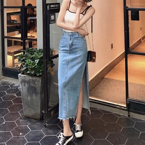 Women Denim Split Maxi Skirts Frayed Bodycon A-line High Waist Summer Sexy Skirts