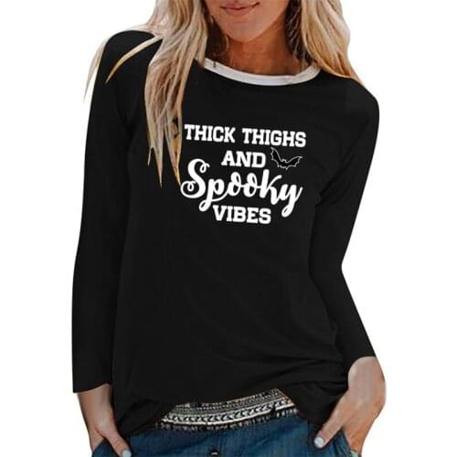 Women Autumn Winter Shirts for Women Loose Ladies Tops Thick Thighs and Spooky Vibes Printing Halloween Long Sleeve T-shirts