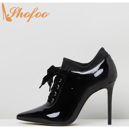 Shofoo Black Patent Leather Pointed Toe Super Thin Heels Pumps Woman Lace Up Large Size 11 16 For Ladies Autumn Fashion Shoes