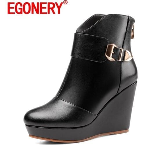 EGONERY Women winter New Style Good Qualtiy Fashion Leisure short boots Slope Heel belt buckle decoration Solid color Round Toe