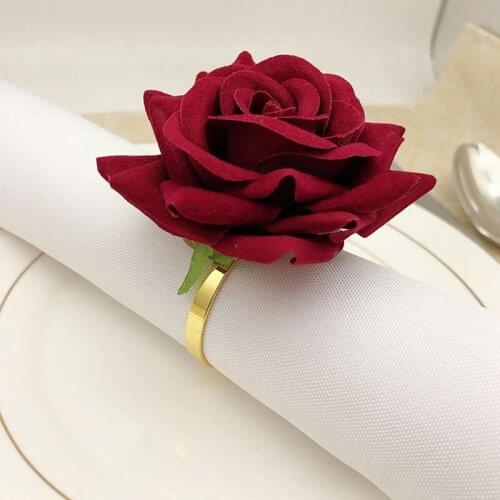 12 PCS Red Rose Shape Towel Buckle Napkin Ring Wedding Party Valentines Day Hotel Table Decor Metal Gold Napkin Holder