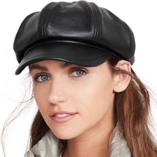 Genuine Leather Beret Hat Winter Spring Hats For Women Painter Newsboy Cap Vintage Beret Female Black Boinas England Style Hat
