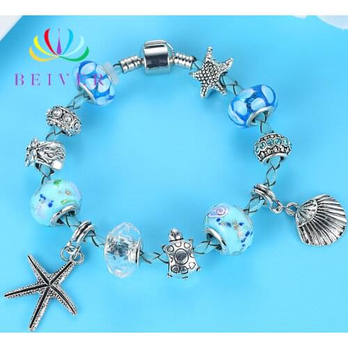 Beiver Blue Crystal Charm Bracelets & Bangles for Women with DIY Beads Starfish Bracelet Wedding Jewelry 2019 New Arrivals