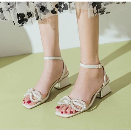 Brand Square Toe Open Toe Fashion Womens Sandals 2021 Summer New Style Fairy Bead Bow Knot Platform High Heel Dress Women Shoes