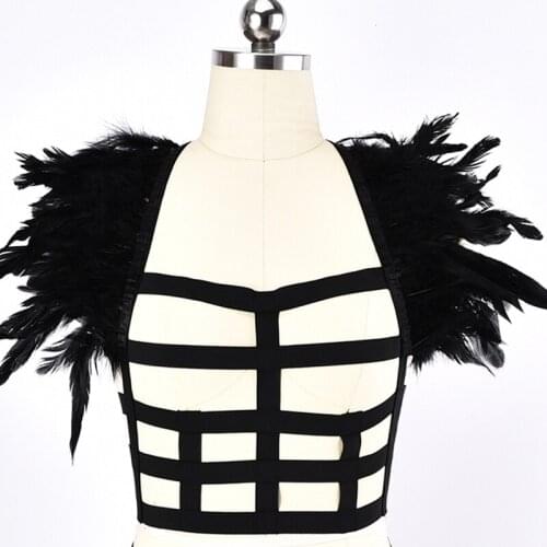 Black Goth Body Harness Feather Hollow Cage Bra Rave Harness Bra Bondage Lingerie Women Sexy Feather Wings Body Harness Belt
