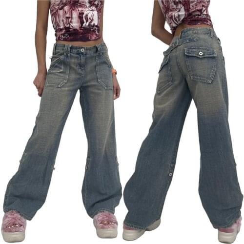 Baggy Mom Jeans Patchwork Pockets Streetwear Cargo Pants Woman High Waist Casual Loose Denim Trousers 90s Hippie Korean