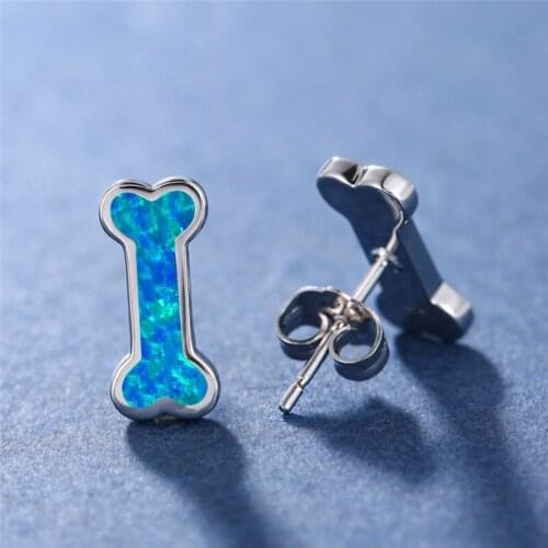 Cute Female Bone Shape Stud Earrings Fashion Silver Color Wedding Earrings Boho White Blue Fire Opal Earrings For Women