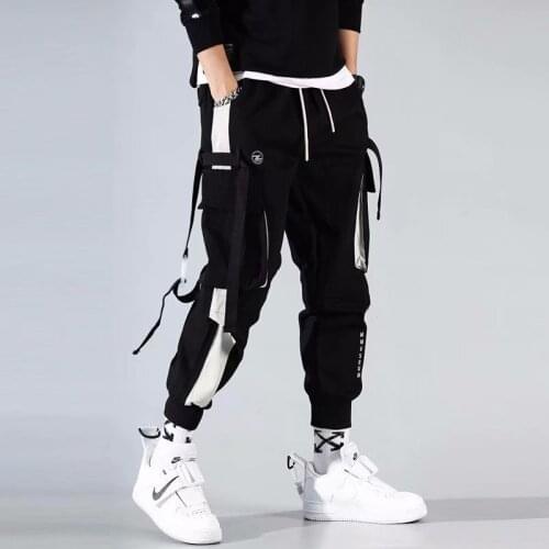 2021 Joggers Cargo Pants for Men Casual Hip Hop Hit Color Pocket Male Trousers Sweatpants Streetwear Ribbons Techwear Pants