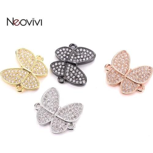 Neovivi Butterfly Charms Bracelets Connector Necklaces Spacer Beads for Jewelry Making Pave White Cubic Zircon Brass Findings