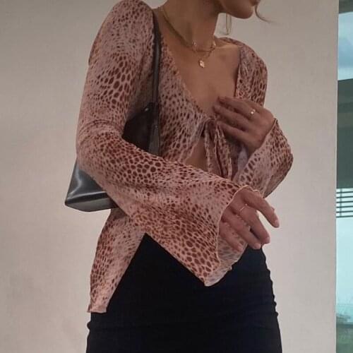 Autumn Leopard Printed T-shirt Y2K Vintage V Neck Lace Up Long Flare Sleeve Cardigan Tops Tees 90s Women Vacation Clothes