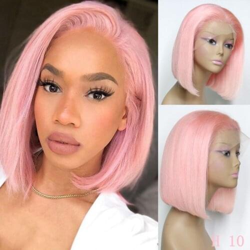 Pink Color 150% Density Lace Front Human Hair Wigs Pre Plucked Brazilian Remy Hair Short Bob Wigs TPart Lace Wigs With Baby Hair